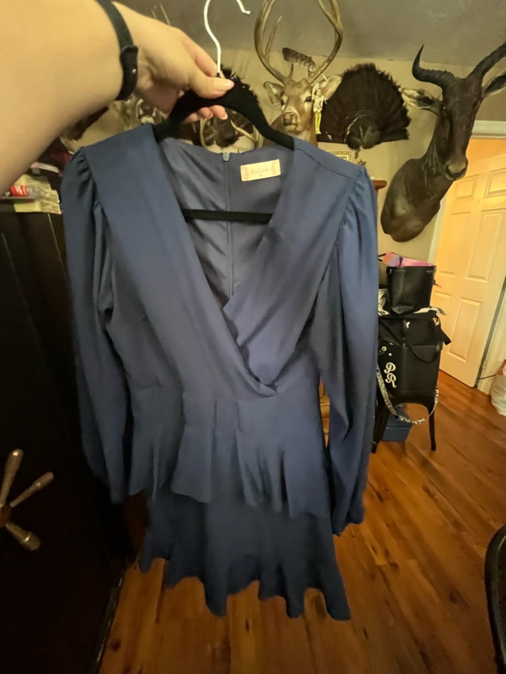 Altar'd State Navy Long-Sleeve V-Neck Peplum Dress